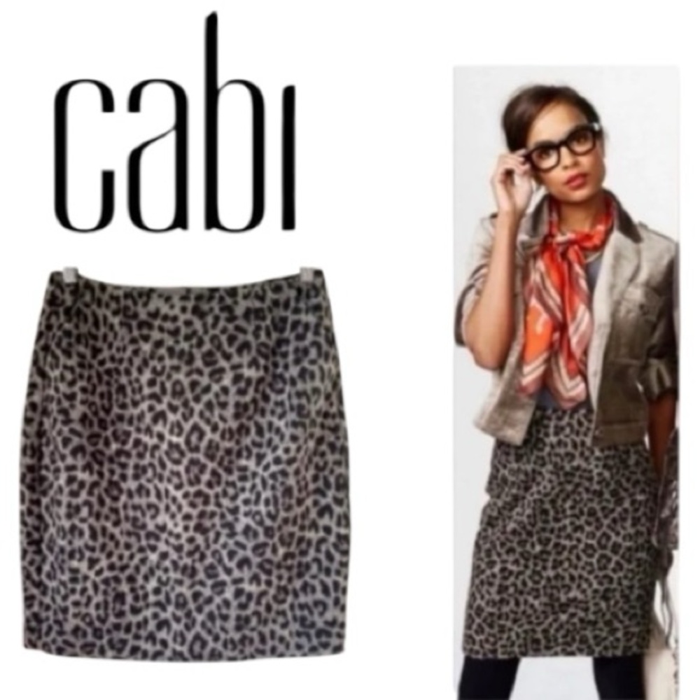 CABI Leopard Animal Print Pencil Skirt Size 8 Stretch Pockets Gold Zipper